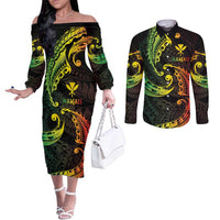 AAPI Heritage Month Couples Matching Off The Shoulder Long Sleeve Dress and Long Sleeve Button Shirt Kanaka Maoli Polynesian Tribal Wave LT05 Reggae - Polynesian Pride