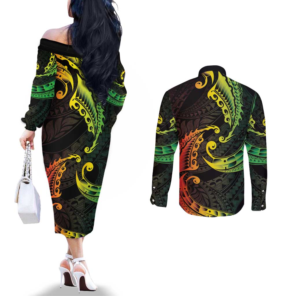 AAPI Heritage Month Couples Matching Off The Shoulder Long Sleeve Dress and Long Sleeve Button Shirt Kanaka Maoli Polynesian Tribal Wave LT05 - Polynesian Pride
