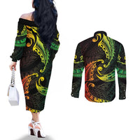 AAPI Heritage Month Couples Matching Off The Shoulder Long Sleeve Dress and Long Sleeve Button Shirt Kanaka Maoli Polynesian Tribal Wave LT05 - Polynesian Pride