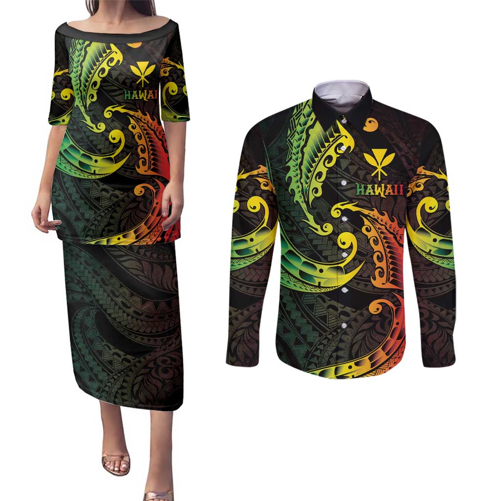 AAPI Heritage Month Couples Matching Puletasi and Long Sleeve Button Shirt Kanaka Maoli Polynesian Tribal Wave