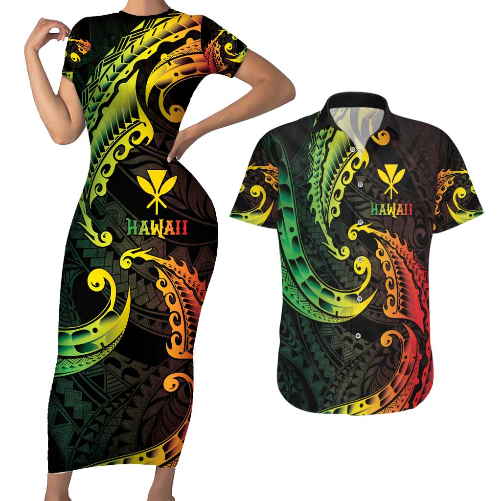 AAPI Heritage Month Couples Matching Short Sleeve Bodycon Dress and Hawaiian Shirt Kanaka Maoli Polynesian Tribal Wave LT05 Reggae - Polynesian Pride