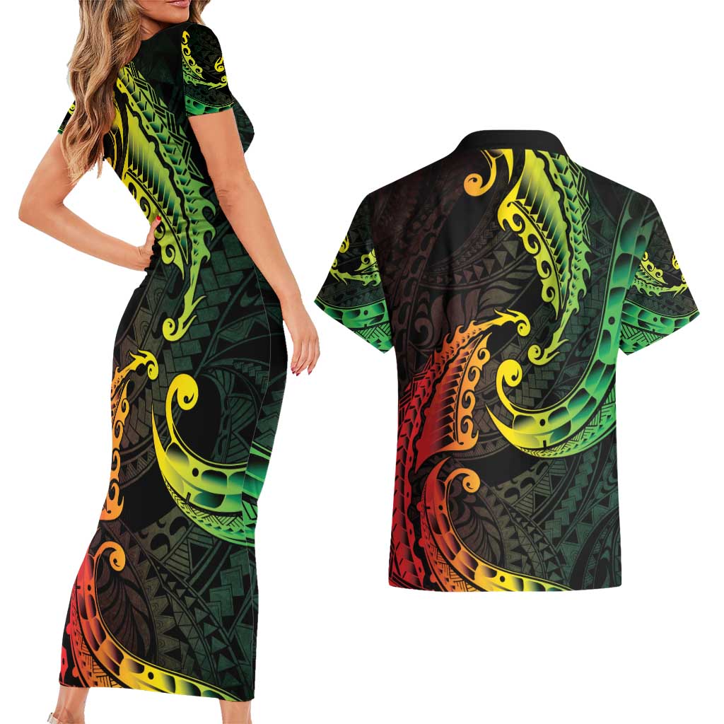 AAPI Heritage Month Couples Matching Short Sleeve Bodycon Dress and Hawaiian Shirt Kanaka Maoli Polynesian Tribal Wave LT05 - Polynesian Pride