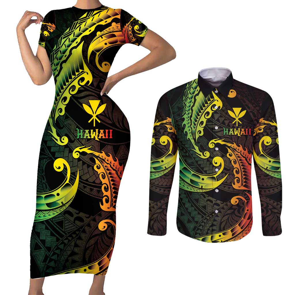 AAPI Heritage Month Couples Matching Short Sleeve Bodycon Dress and Long Sleeve Button Shirt Kanaka Maoli Polynesian Tribal Wave LT05 Reggae - Polynesian Pride
