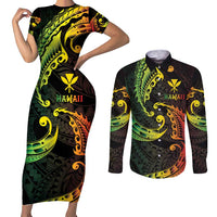 AAPI Heritage Month Couples Matching Short Sleeve Bodycon Dress and Long Sleeve Button Shirt Kanaka Maoli Polynesian Tribal Wave LT05 Reggae - Polynesian Pride