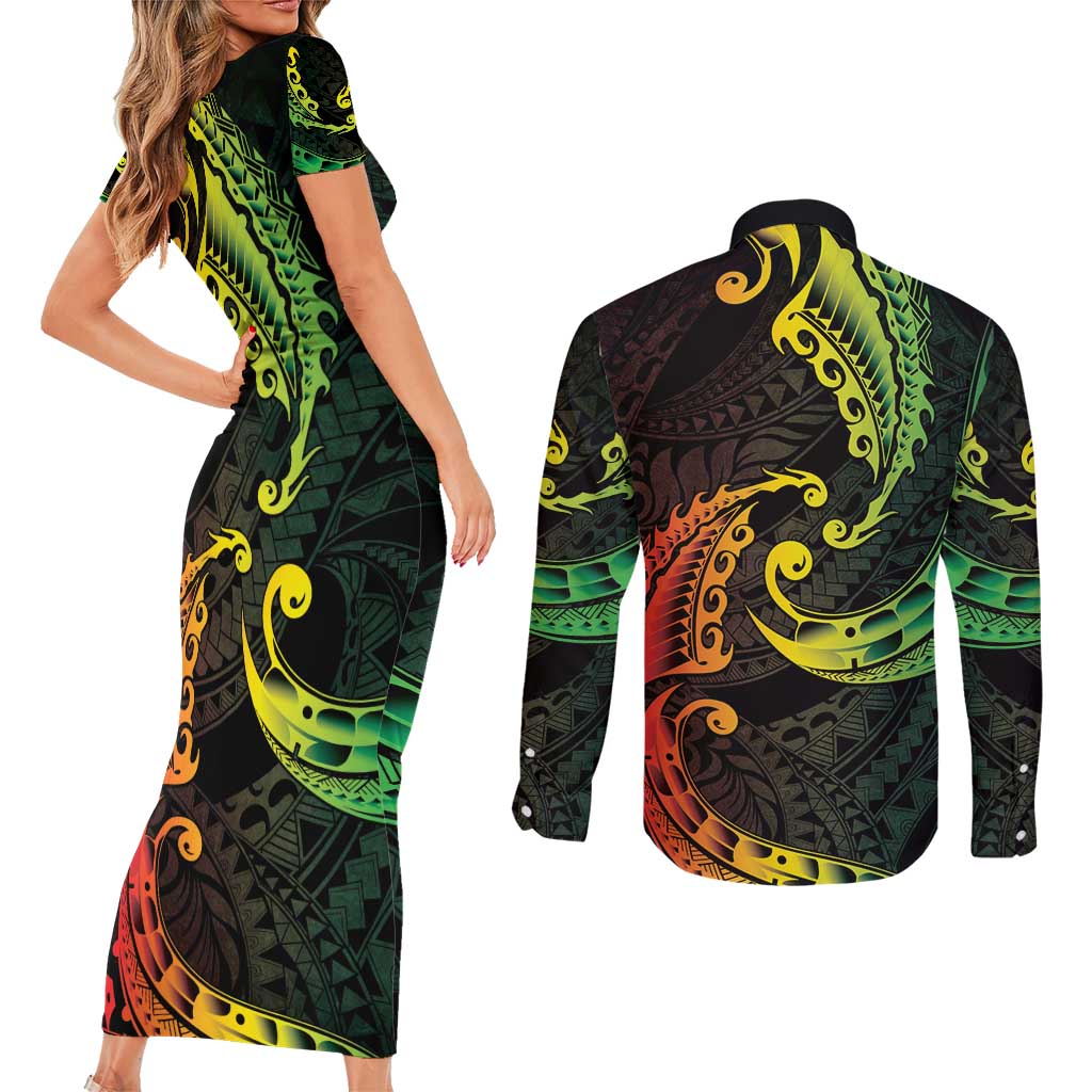 AAPI Heritage Month Couples Matching Short Sleeve Bodycon Dress and Long Sleeve Button Shirt Kanaka Maoli Polynesian Tribal Wave LT05 - Polynesian Pride