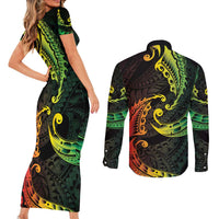 AAPI Heritage Month Couples Matching Short Sleeve Bodycon Dress and Long Sleeve Button Shirt Kanaka Maoli Polynesian Tribal Wave LT05 - Polynesian Pride