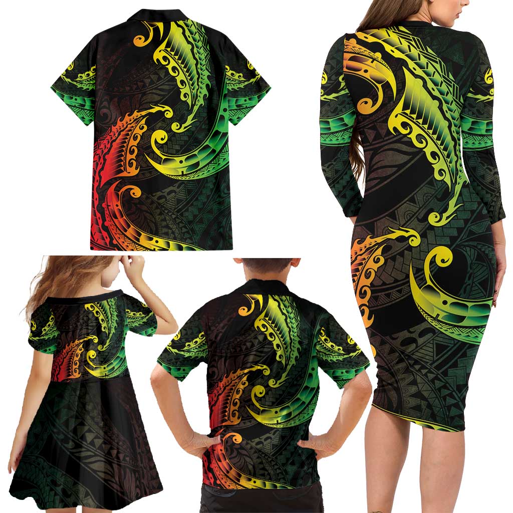 AAPI Heritage Month Family Matching Long Sleeve Bodycon Dress and Hawaiian Shirt Kanaka Maoli Polynesian Tribal Wave LT05 - Polynesian Pride