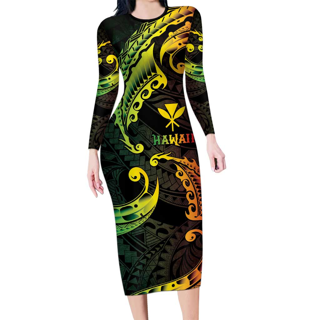 AAPI Heritage Month Family Matching Long Sleeve Bodycon Dress and Hawaiian Shirt Kanaka Maoli Polynesian Tribal Wave LT05 Mom's Dress Reggae - Polynesian Pride