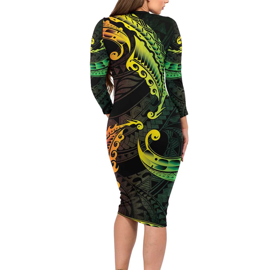 AAPI Heritage Month Family Matching Long Sleeve Bodycon Dress and Hawaiian Shirt Kanaka Maoli Polynesian Tribal Wave LT05 - Polynesian Pride