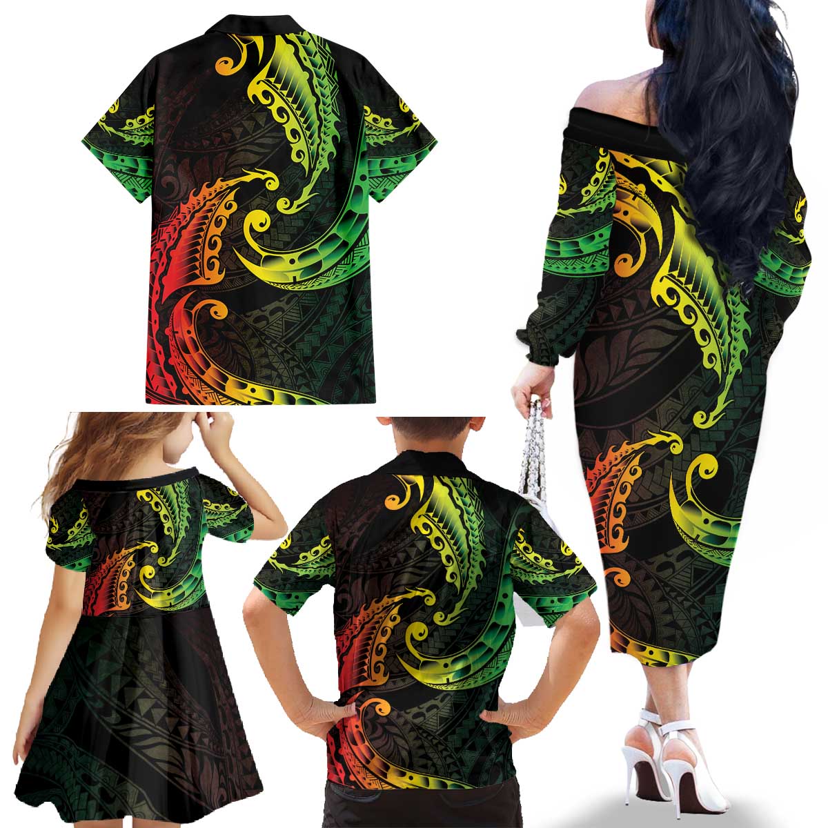 AAPI Heritage Month Family Matching Off The Shoulder Long Sleeve Dress and Hawaiian Shirt Kanaka Maoli Polynesian Tribal Wave LT05 - Polynesian Pride