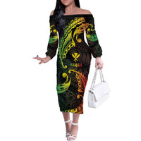 AAPI Heritage Month Family Matching Off The Shoulder Long Sleeve Dress and Hawaiian Shirt Kanaka Maoli Polynesian Tribal Wave LT05 Mom's Dress Reggae - Polynesian Pride