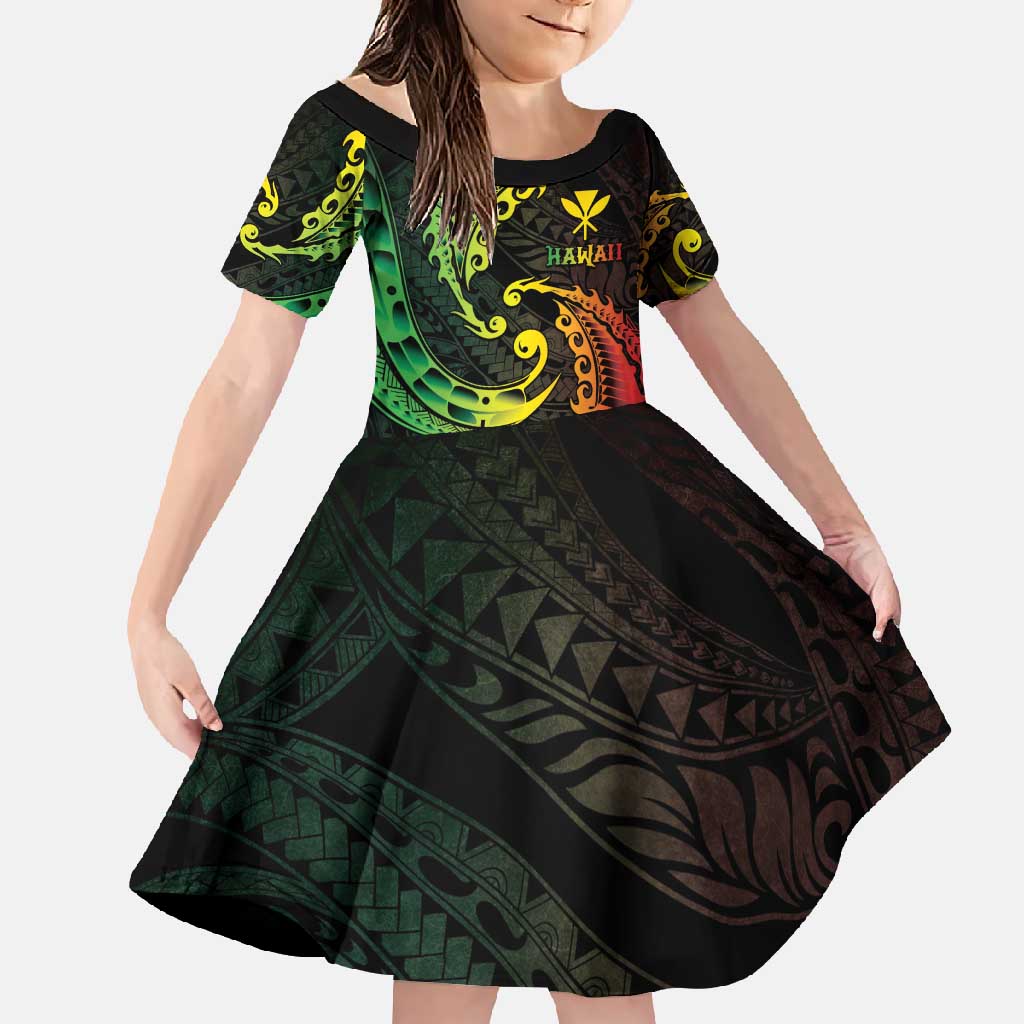 AAPI Heritage Month Family Matching Off Shoulder Maxi Dress and Hawaiian Shirt Kanaka Maoli Polynesian Tribal Wave LT05 Daughter's Dress Reggae - Polynesian Pride