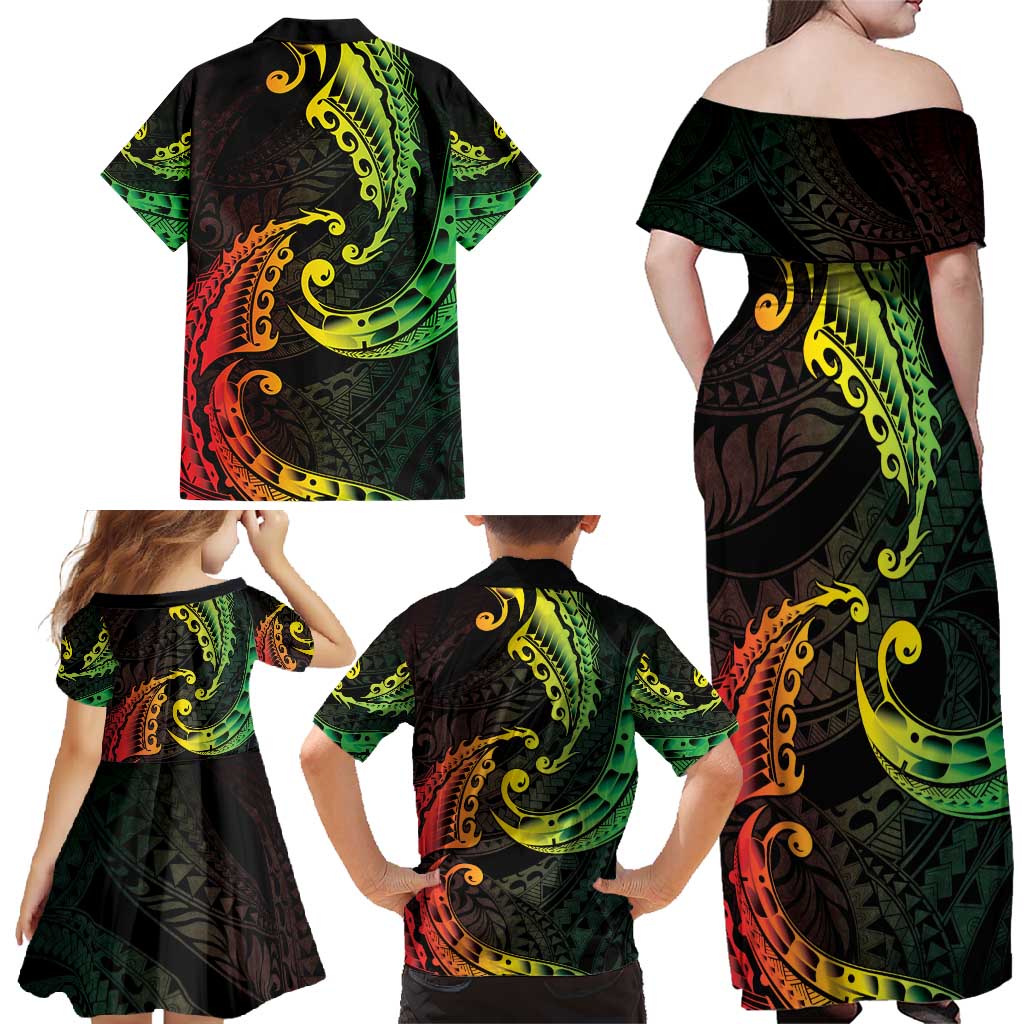 AAPI Heritage Month Family Matching Off Shoulder Maxi Dress and Hawaiian Shirt Kanaka Maoli Polynesian Tribal Wave LT05 - Polynesian Pride