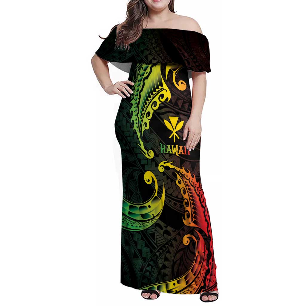 AAPI Heritage Month Family Matching Off Shoulder Maxi Dress and Hawaiian Shirt Kanaka Maoli Polynesian Tribal Wave LT05 Mom's Dress Reggae - Polynesian Pride