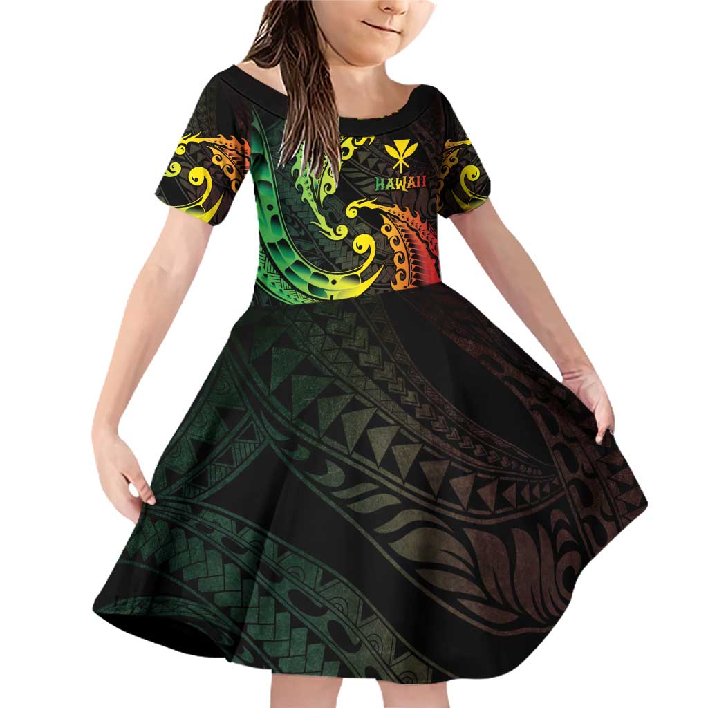 AAPI Heritage Month Family Matching Off Shoulder Short Dress and Hawaiian Shirt Kanaka Maoli Polynesian Tribal Wave LT05 Daughter's Dress Reggae - Polynesian Pride