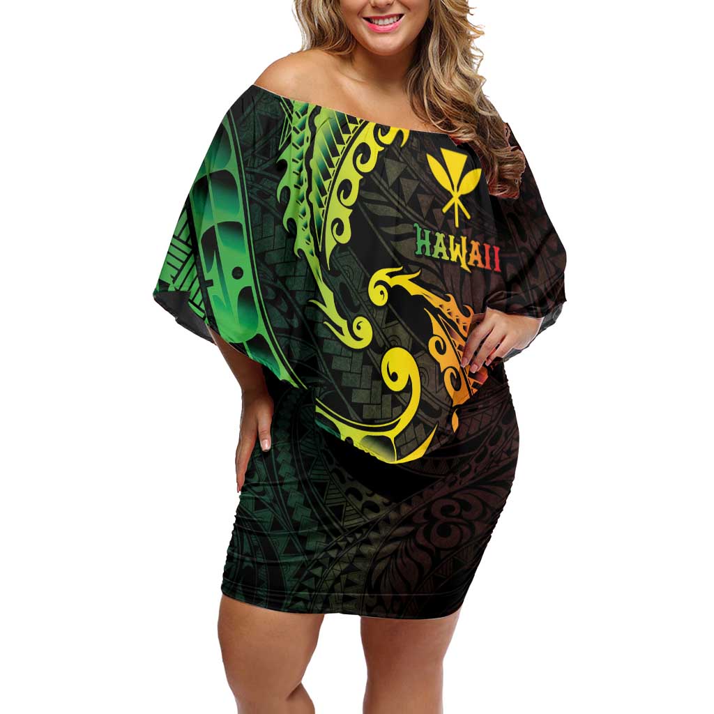 AAPI Heritage Month Family Matching Off Shoulder Short Dress and Hawaiian Shirt Kanaka Maoli Polynesian Tribal Wave LT05 Mom's Dress Reggae - Polynesian Pride