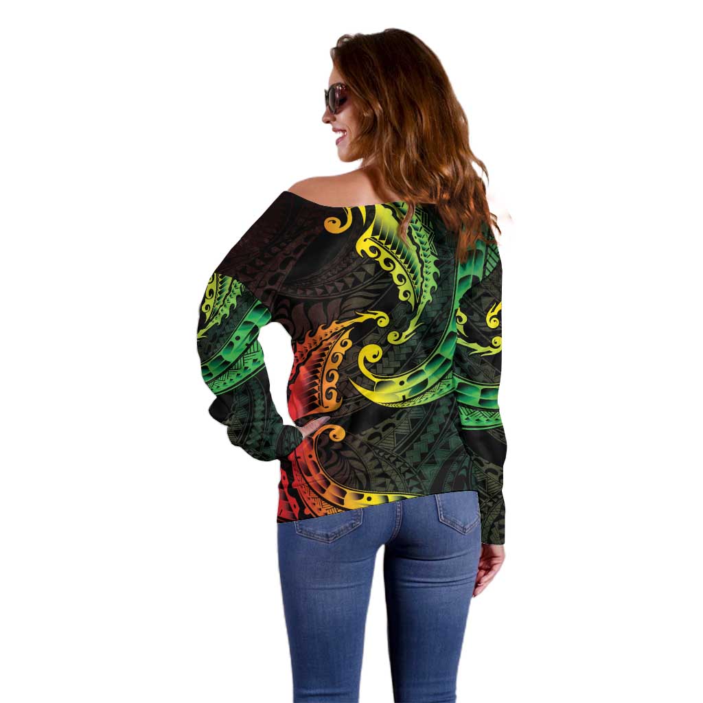 AAPI Heritage Month Off Shoulder Sweater Kanaka Maoli Polynesian Tribal Wave
