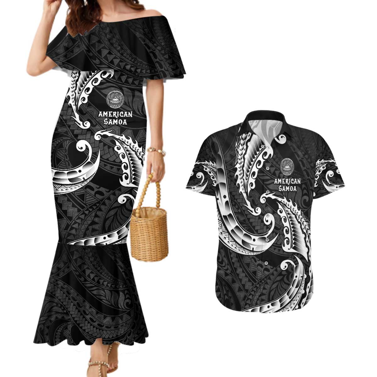 AAPI Heritage Month Couples Matching Mermaid Dress and Hawaiian Shirt American Samoa Polynesian Tribal Wave