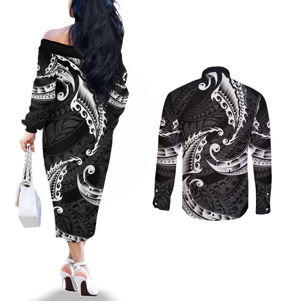 AAPI Heritage Month Couples Matching Off The Shoulder Long Sleeve Dress and Long Sleeve Button Shirt American Samoa Polynesian Tribal Wave