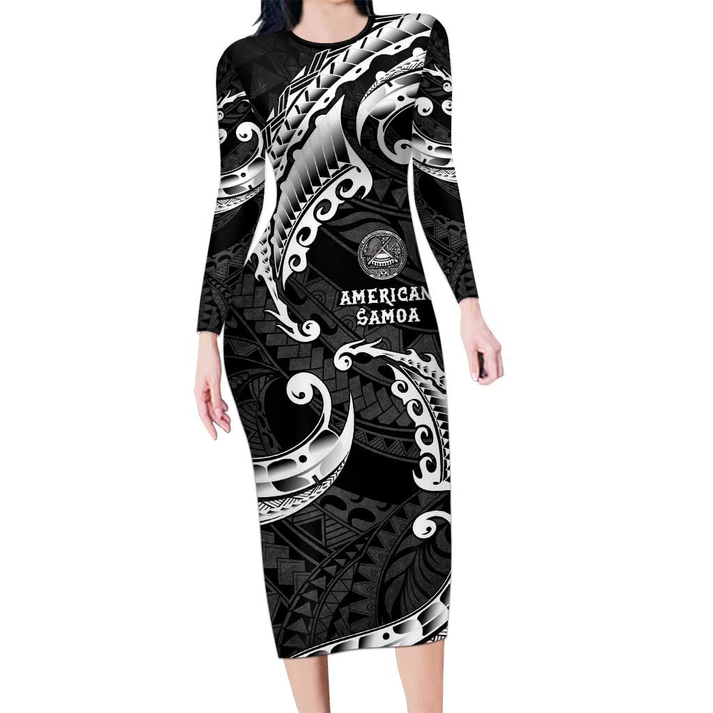 AAPI Heritage Month Family Matching Long Sleeve Bodycon Dress and Hawaiian Shirt American Samoa Polynesian Tribal Wave LT05 Mom's Dress Black - Polynesian Pride