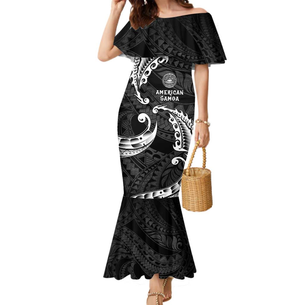 AAPI Heritage Month Family Matching Mermaid Dress and Hawaiian Shirt American Samoa Polynesian Tribal Wave LT05 Mom's Dress Black - Polynesian Pride