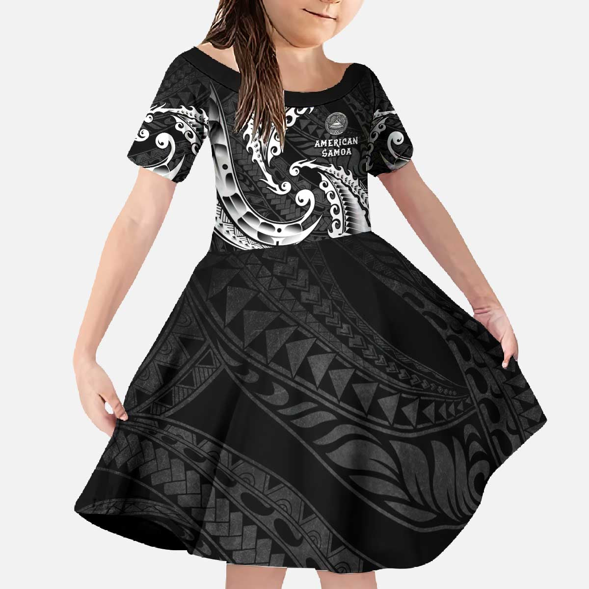 AAPI Heritage Month Family Matching Off The Shoulder Long Sleeve Dress and Hawaiian Shirt American Samoa Polynesian Tribal Wave LT05 Daughter's Dress Black - Polynesian Pride