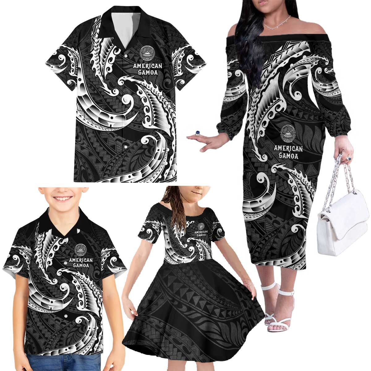 AAPI Heritage Month Family Matching Off The Shoulder Long Sleeve Dress and Hawaiian Shirt American Samoa Polynesian Tribal Wave LT05 - Polynesian Pride