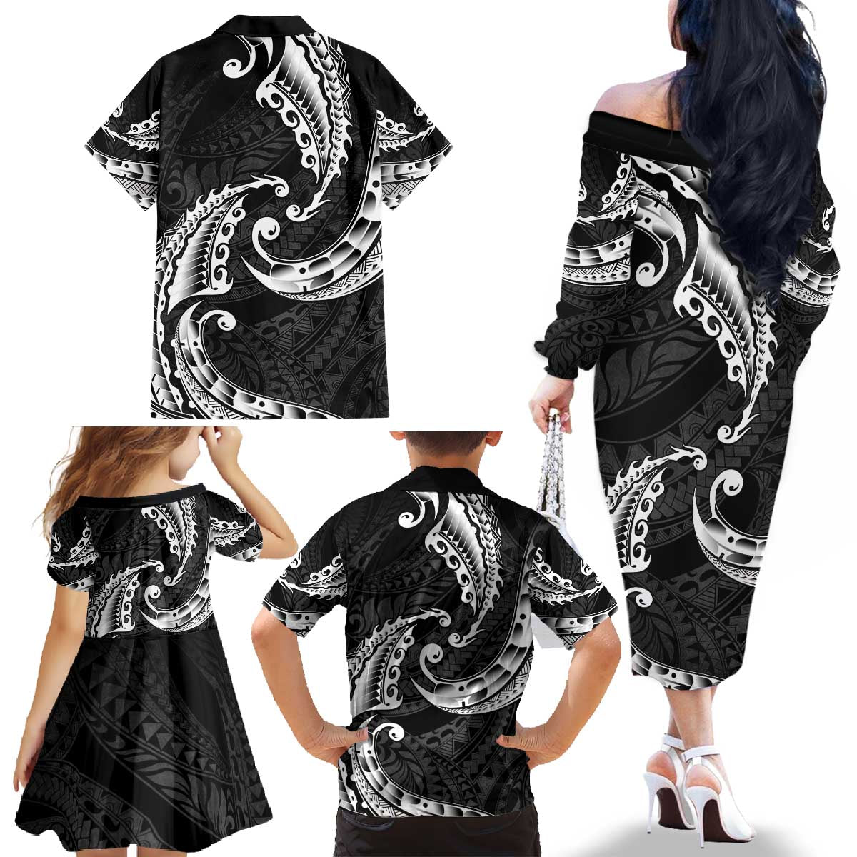 AAPI Heritage Month Family Matching Off The Shoulder Long Sleeve Dress and Hawaiian Shirt American Samoa Polynesian Tribal Wave LT05 - Polynesian Pride