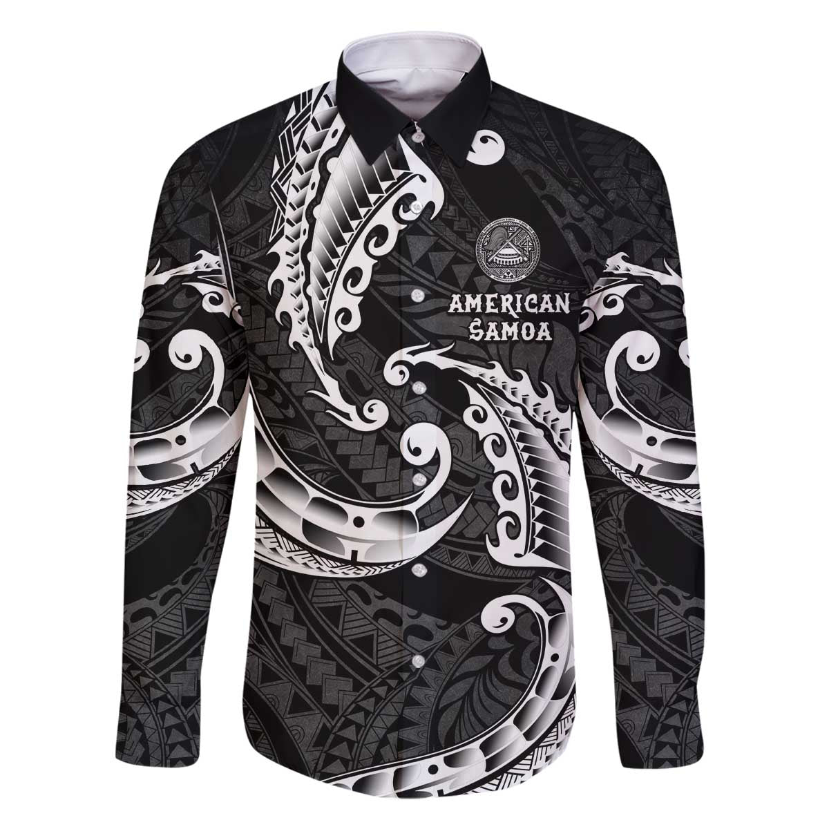 AAPI Heritage Month Family Matching Off The Shoulder Long Sleeve Dress and Hawaiian Shirt American Samoa Polynesian Tribal Wave LT05 Dad's Shirt - Long Sleeve Black - Polynesian Pride