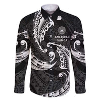 AAPI Heritage Month Family Matching Off The Shoulder Long Sleeve Dress and Hawaiian Shirt American Samoa Polynesian Tribal Wave LT05 Dad's Shirt - Long Sleeve Black - Polynesian Pride