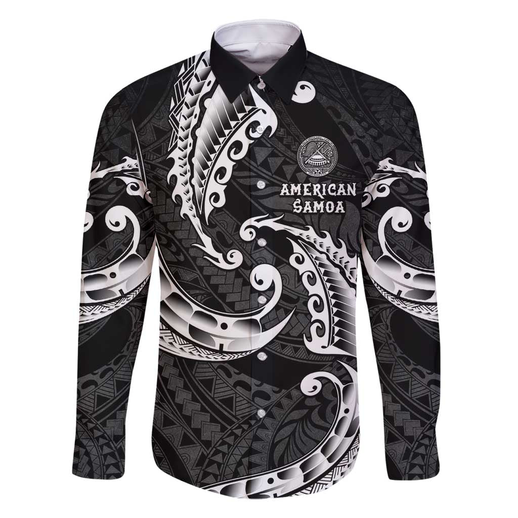 AAPI Heritage Month Family Matching Off Shoulder Short Dress and Hawaiian Shirt American Samoa Polynesian Tribal Wave LT05 Dad's Shirt - Long Sleeve Black - Polynesian Pride