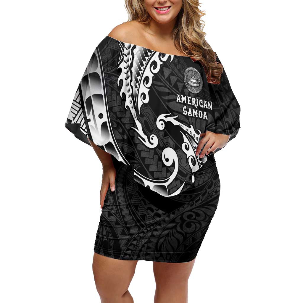 AAPI Heritage Month Family Matching Off Shoulder Short Dress and Hawaiian Shirt American Samoa Polynesian Tribal Wave LT05 Mom's Dress Black - Polynesian Pride