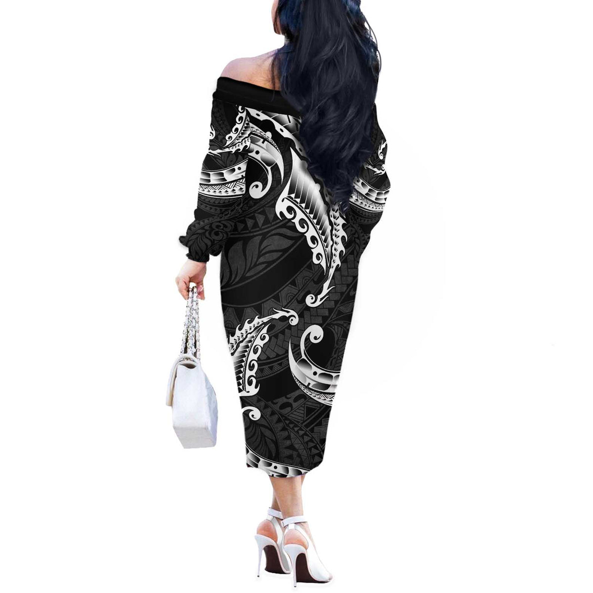 AAPI Heritage Month Off The Shoulder Long Sleeve Dress American Samoa Polynesian Tribal Wave LT05 - Polynesian Pride