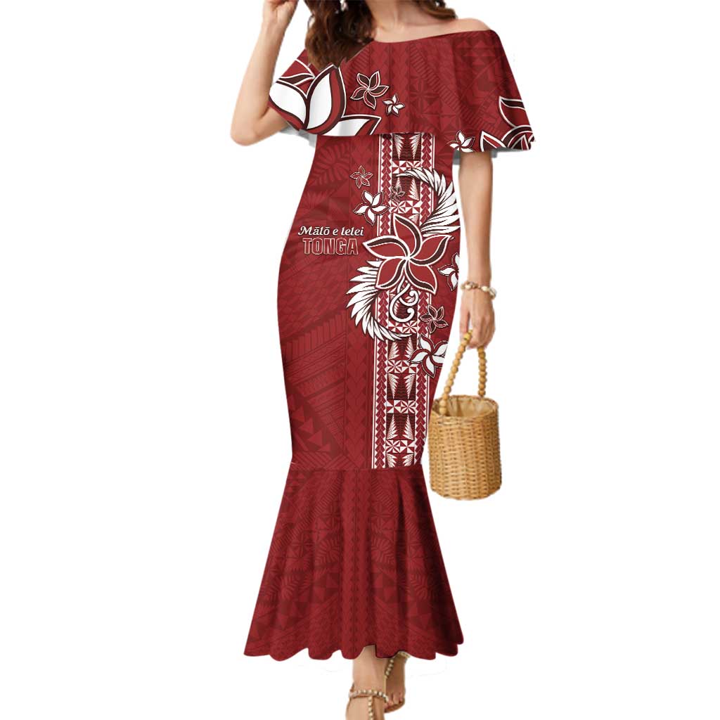 Tonga Language Week Family Matching Mermaid Dress and Hawaiian Shirt Malo e Lelei Kupesi Ngatu Pattern LT05 Mom's Dress Red - Polynesian Pride