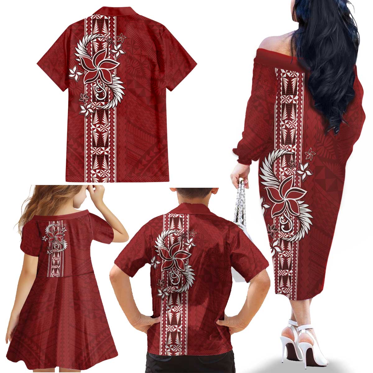 Tonga Language Week Family Matching Off The Shoulder Long Sleeve Dress and Hawaiian Shirt Malo e Lelei Kupesi Ngatu Pattern LT05 - Polynesian Pride