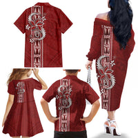 Tonga Language Week Family Matching Off The Shoulder Long Sleeve Dress and Hawaiian Shirt Malo e Lelei Kupesi Ngatu Pattern LT05 - Polynesian Pride