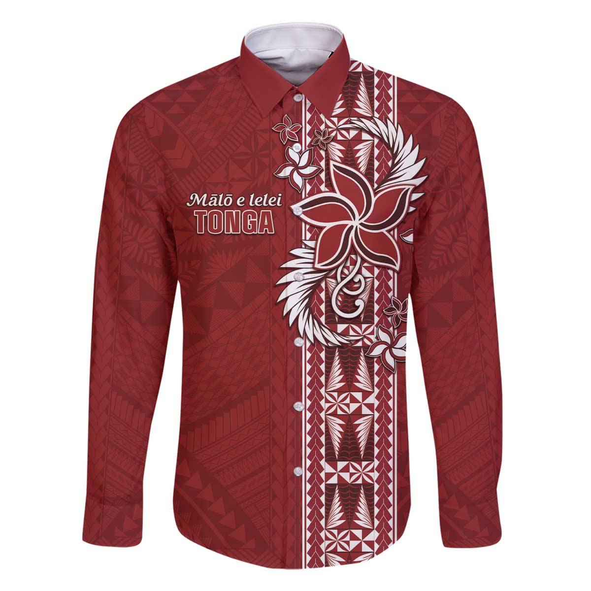 Tonga Language Week Family Matching Off The Shoulder Long Sleeve Dress and Hawaiian Shirt Malo e Lelei Kupesi Ngatu Pattern LT05 Dad's Shirt - Long Sleeve Red - Polynesian Pride