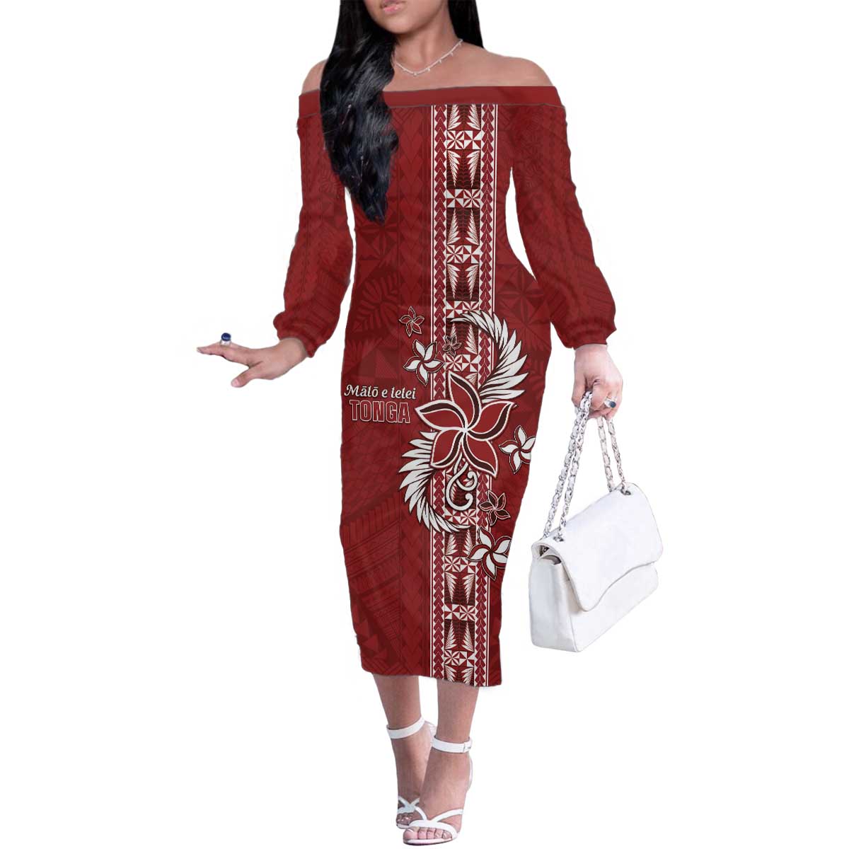 Tonga Language Week Family Matching Off The Shoulder Long Sleeve Dress and Hawaiian Shirt Malo e Lelei Kupesi Ngatu Pattern LT05 Mom's Dress Red - Polynesian Pride