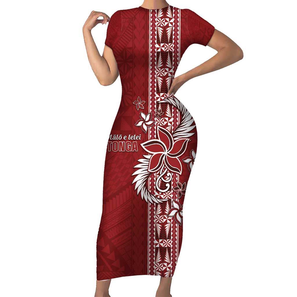 Tonga Language Week Short Sleeve Bodycon Dress Malo e Lelei Kupesi Ngatu Pattern LT05 Long Dress Red - Polynesian Pride