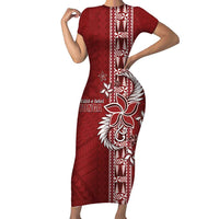 Tonga Language Week Short Sleeve Bodycon Dress Malo e Lelei Kupesi Ngatu Pattern LT05 Long Dress Red - Polynesian Pride