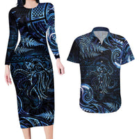 Aotearoa New Zealand Octopus Couples Matching Long Sleeve Bodycon Dress and Hawaiian Shirt Silver Fern Maori Pattern LT05 Blue - Polynesian Pride