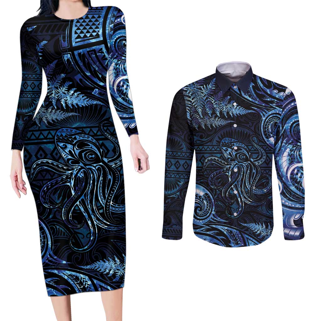 Aotearoa New Zealand Octopus Couples Matching Long Sleeve Bodycon Dress and Long Sleeve Button Shirt Silver Fern Maori Pattern LT05 Blue - Polynesian Pride