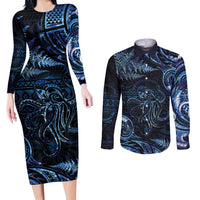 Aotearoa New Zealand Octopus Couples Matching Long Sleeve Bodycon Dress and Long Sleeve Button Shirt Silver Fern Maori Pattern LT05 Blue - Polynesian Pride