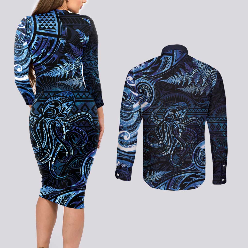Aotearoa New Zealand Octopus Couples Matching Long Sleeve Bodycon Dress and Long Sleeve Button Shirt Silver Fern Maori Pattern LT05 - Polynesian Pride