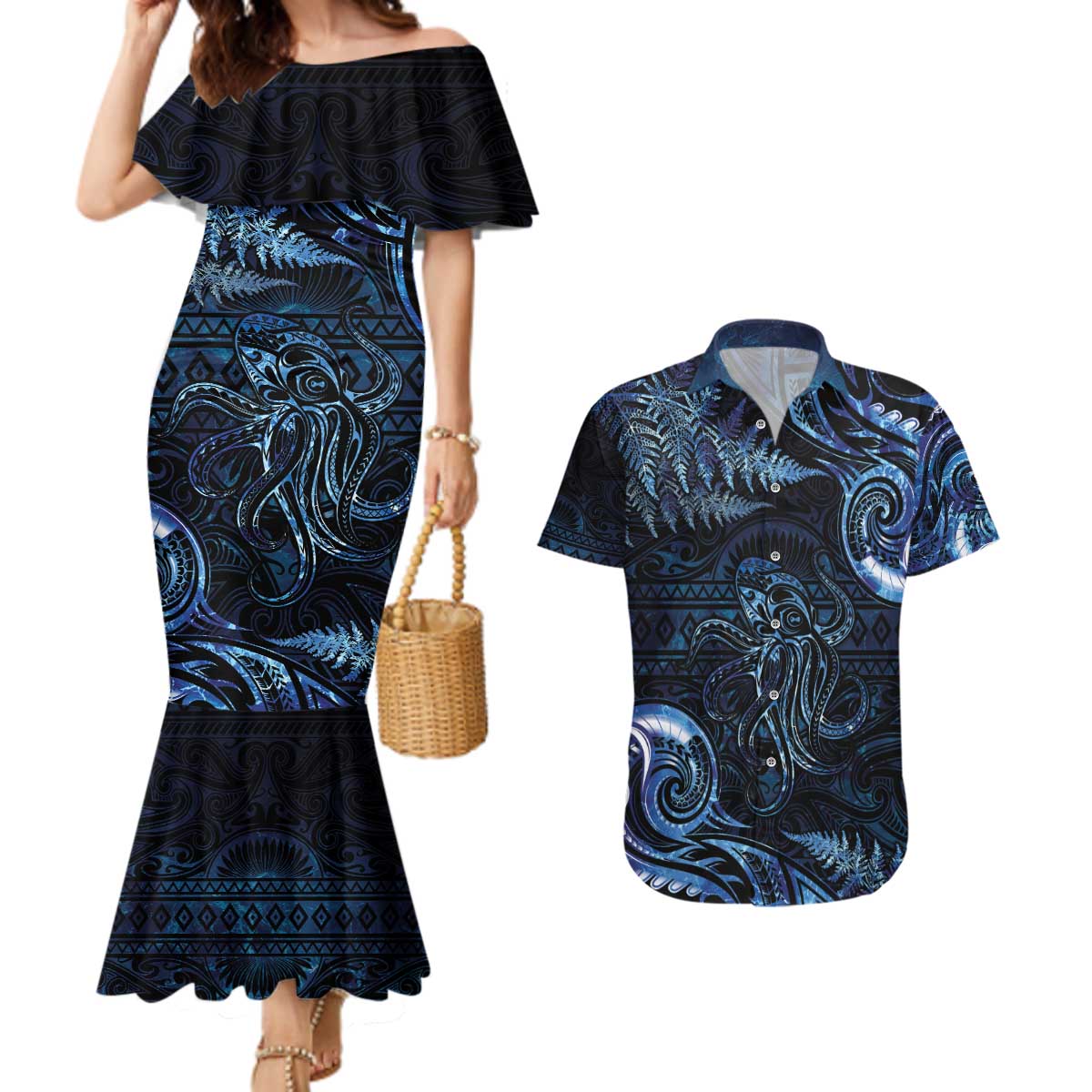 Aotearoa New Zealand Octopus Couples Matching Mermaid Dress and Hawaiian Shirt Silver Fern Maori Pattern LT05 Blue - Polynesian Pride