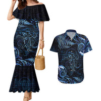 Aotearoa New Zealand Octopus Couples Matching Mermaid Dress and Hawaiian Shirt Silver Fern Maori Pattern LT05 Blue - Polynesian Pride