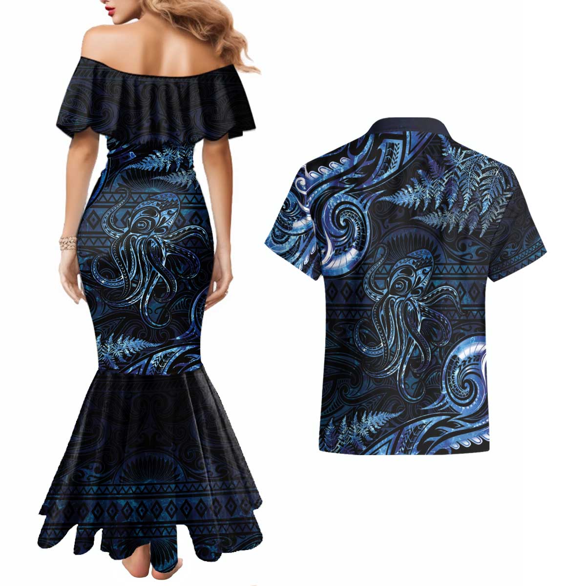Aotearoa New Zealand Octopus Couples Matching Mermaid Dress and Hawaiian Shirt Silver Fern Maori Pattern LT05 - Polynesian Pride