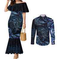 Aotearoa New Zealand Octopus Couples Matching Mermaid Dress and Long Sleeve Button Shirt Silver Fern Maori Pattern LT05 Blue - Polynesian Pride