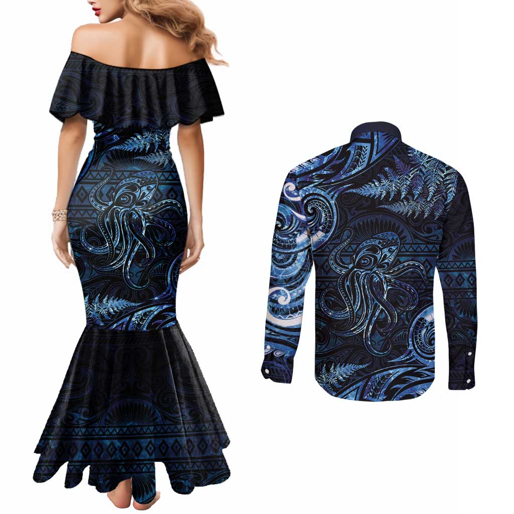 Aotearoa New Zealand Octopus Couples Matching Mermaid Dress and Long Sleeve Button Shirt Silver Fern Maori Pattern LT05 - Polynesian Pride