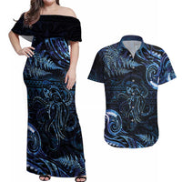 Aotearoa New Zealand Octopus Couples Matching Off Shoulder Maxi Dress and Hawaiian Shirt Silver Fern Maori Pattern LT05 Blue - Polynesian Pride